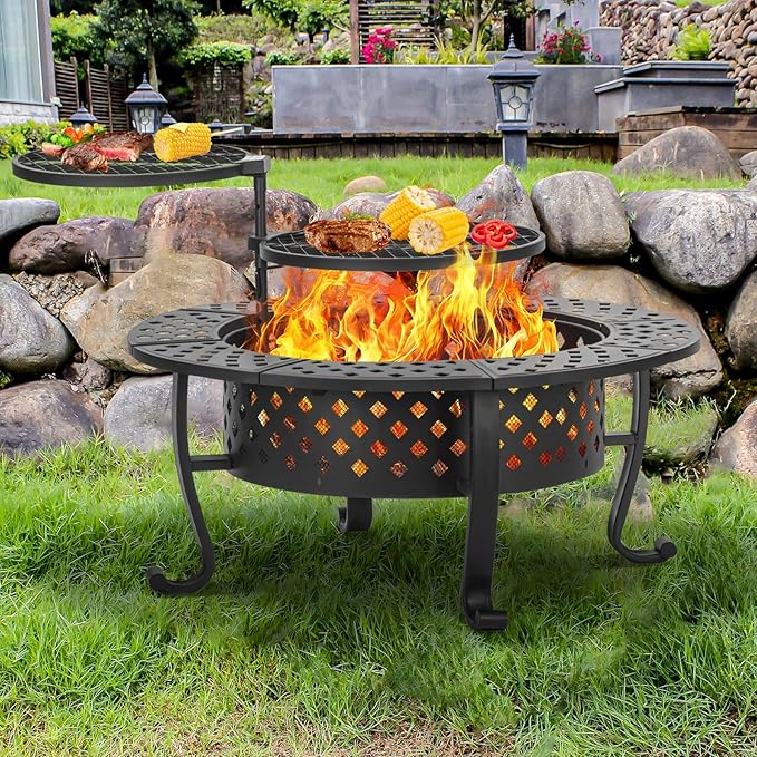 42 Inch Fire Pit with 2 BBQ Grills, Wood Burning Fire Pits for Outside with Lid & Fire Poker, BBQ& Outdoor Firepit & Round