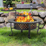 42 Inch Fire Pit with 2 BBQ Grills, Wood Burning Fire Pits for Outside with Lid & Fire Poker, BBQ& Outdoor Firepit & Round