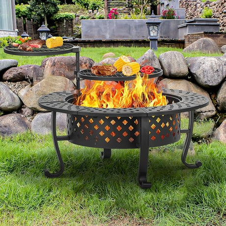 42 Inch Fire Pit with 2 BBQ Grills, Wood Burning Fire Pits for Outside with Lid & Fire Poker, BBQ& Outdoor Firepit & Round