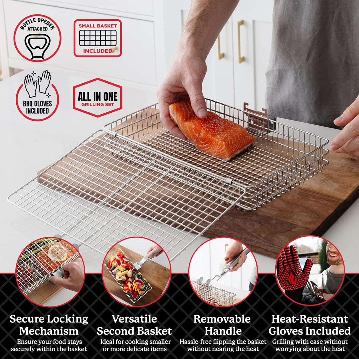 BLAZIN' GRILL Baskets for Outdoor Grill | 2 Grilling Baskets with Detachable Handle | Barbecue Grill Set with BBQ Gloves |