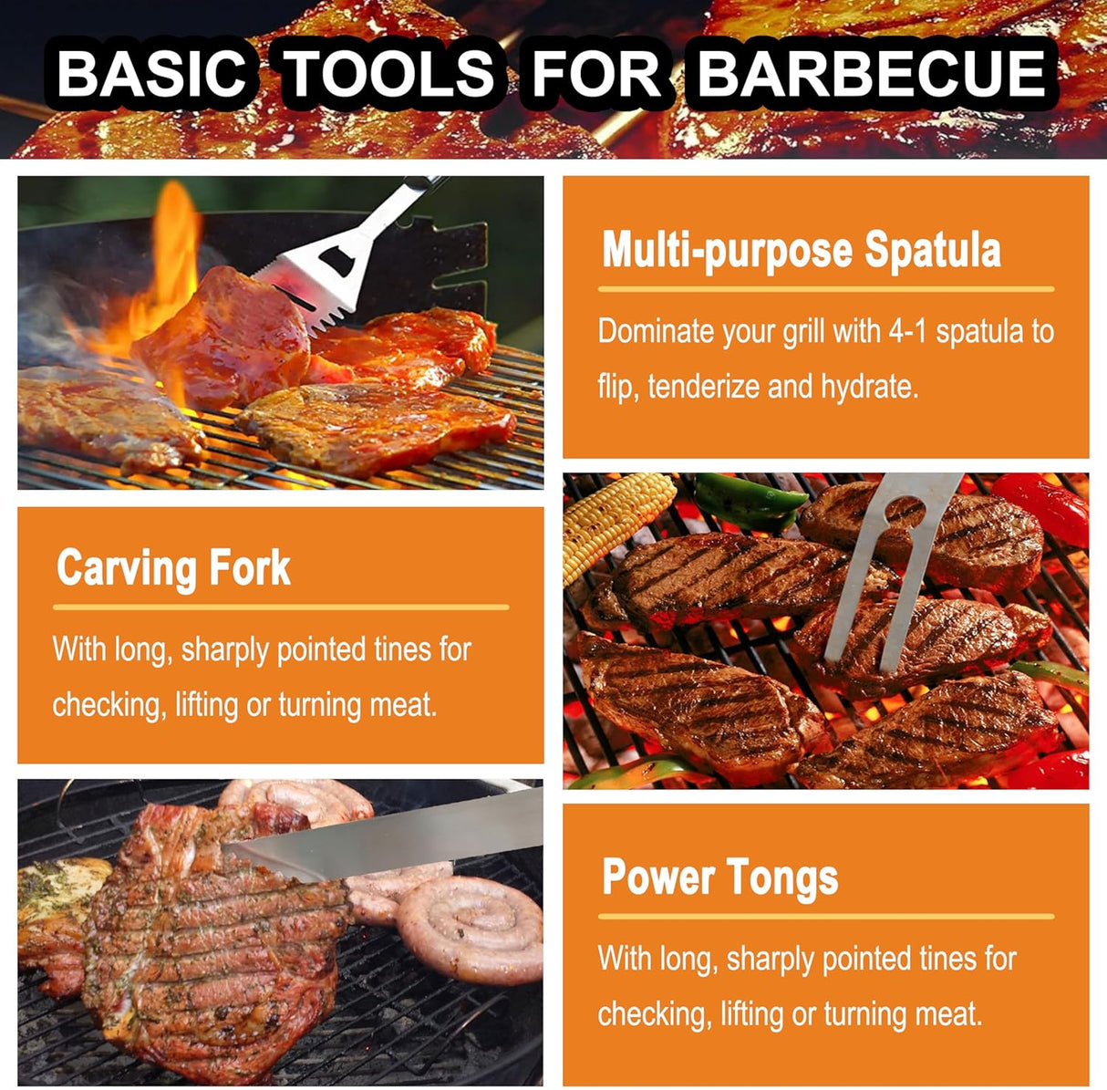 grilljoy 24PCS BBQ Grill Tools Set with Meat Thermometer and Injector - Extra Thick Stainless Steel Fork, Spatula& Tongs -