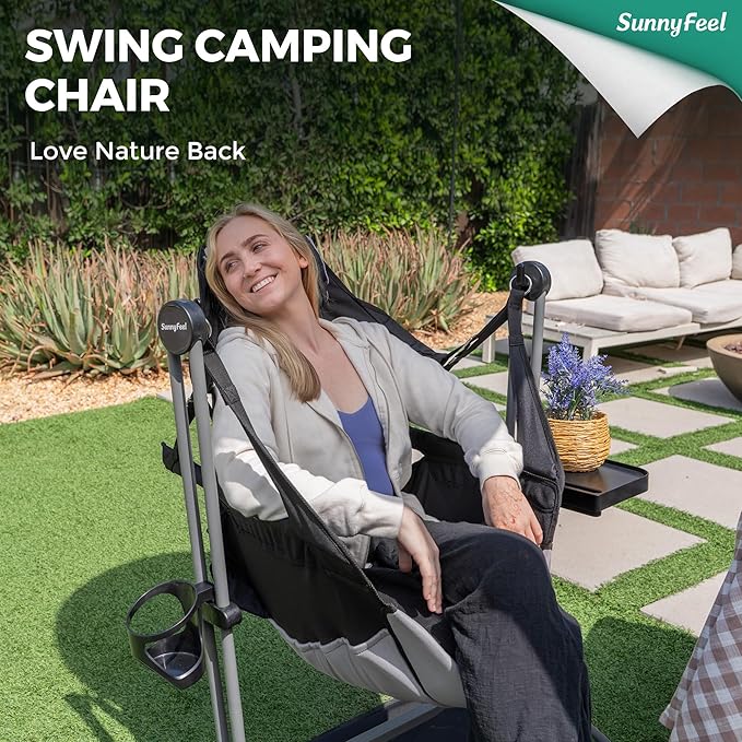 SUNNYFEEL Hammock Camping Chair, Oversized Swinging Camping Chair, Portable Hammock Chairs with Cup Holder, Beach Mat, MAX