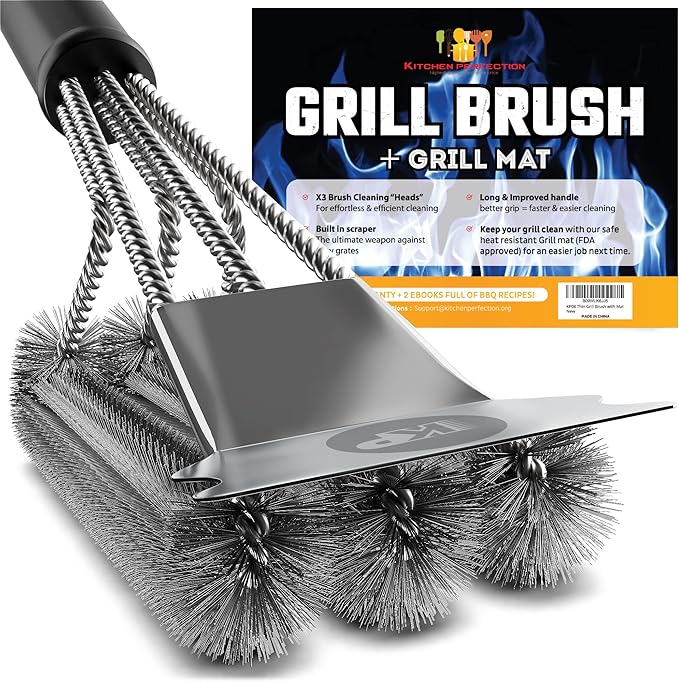 KITCHEN PERFECTION Safe Wire Grill Brush for Outdoor Grill w/Grill Scraper & Grill Mat Grill Cleaning Kit -Extended Handle