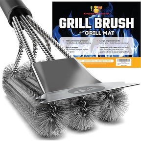 KITCHEN PERFECTION Safe Wire Grill Brush for Outdoor Grill w/Grill Scraper & Grill Mat Grill Cleaning Kit -Extended Handle