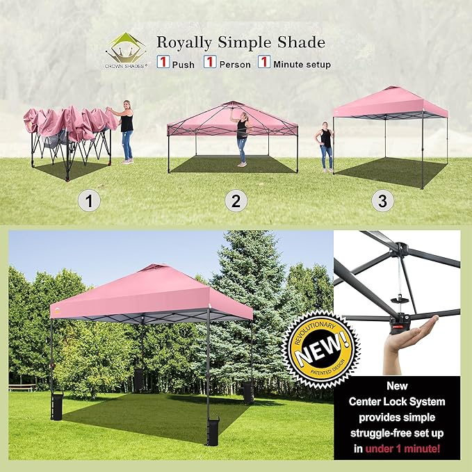 CROWN SHADES 10x10 Pop Up Canopy Tent - Patented Center Lock One Push Instant Outdoor Canopy Beach Tent with STO-N-Go Bag 8