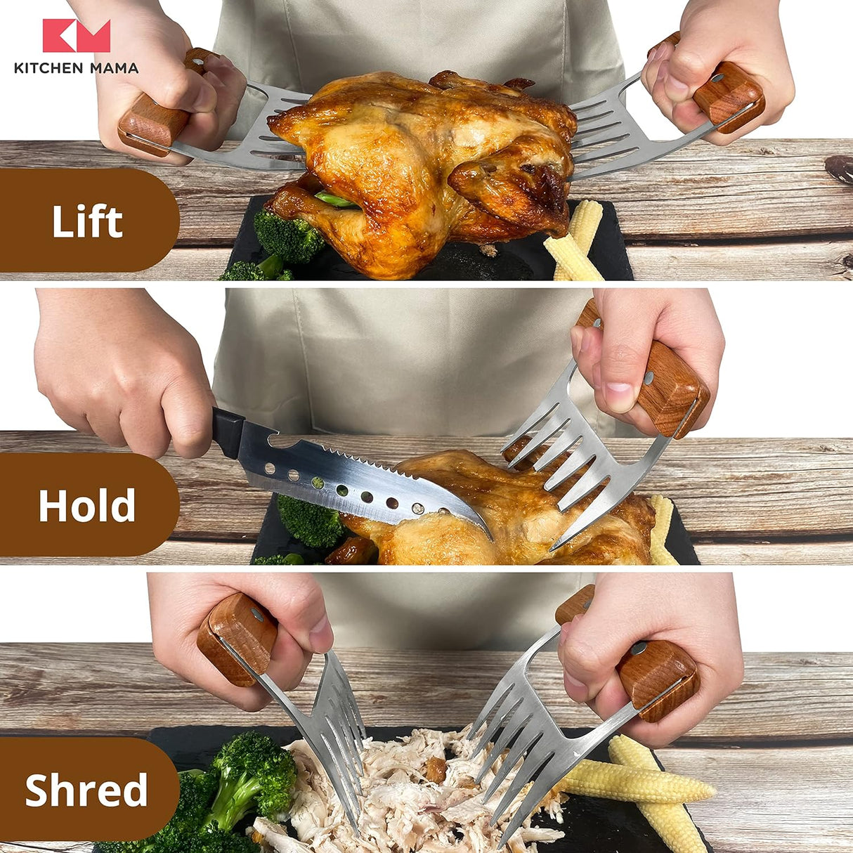 Kitchen Mama Meat Claws: Stainless Steel Shredder Claws with Wooden Handle for BBQ, Shredding, Pulling Pork, Chicken, Beef,
