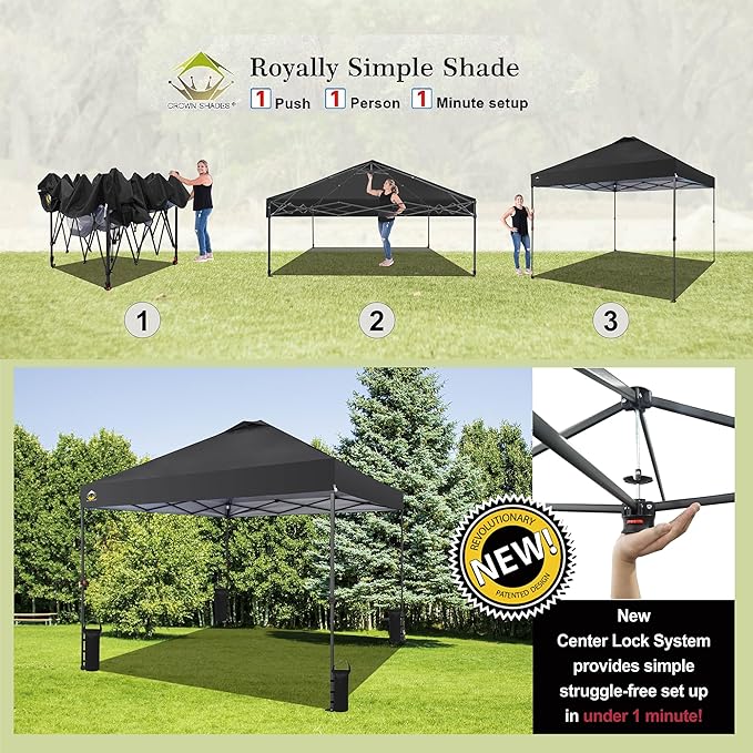 CROWN SHADES 10x10 Pop Up Canopy Tent - Patented Center Lock One Push Instant Outdoor Canopy Beach Tent with STO-N-Go Bag 8
