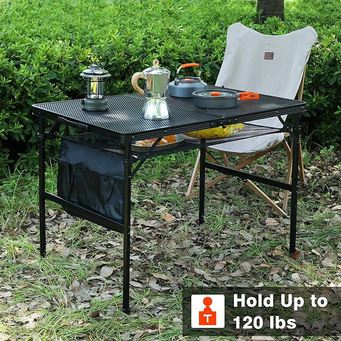 Folding Grill Table, 3x2 FT Portable Camping Table, Height Adjustable Metal Tables with Mesh Desktop and Mesh Bag, Outdoor