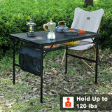 Folding Grill Table, 3x2 FT Portable Camping Table, Height Adjustable Metal Tables with Mesh Desktop and Mesh Bag, Outdoor