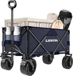 LUXCOL Collapsible Folding Wagon, Heavy Duty Utility Beach Wagon Cart for Sand with Big Wheels, Adjustable Handle&Drink