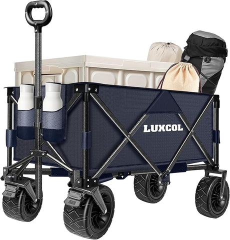 LUXCOL Collapsible Folding Wagon, Heavy Duty Utility Beach Wagon Cart for Sand with Big Wheels, Adjustable Handle&Drink