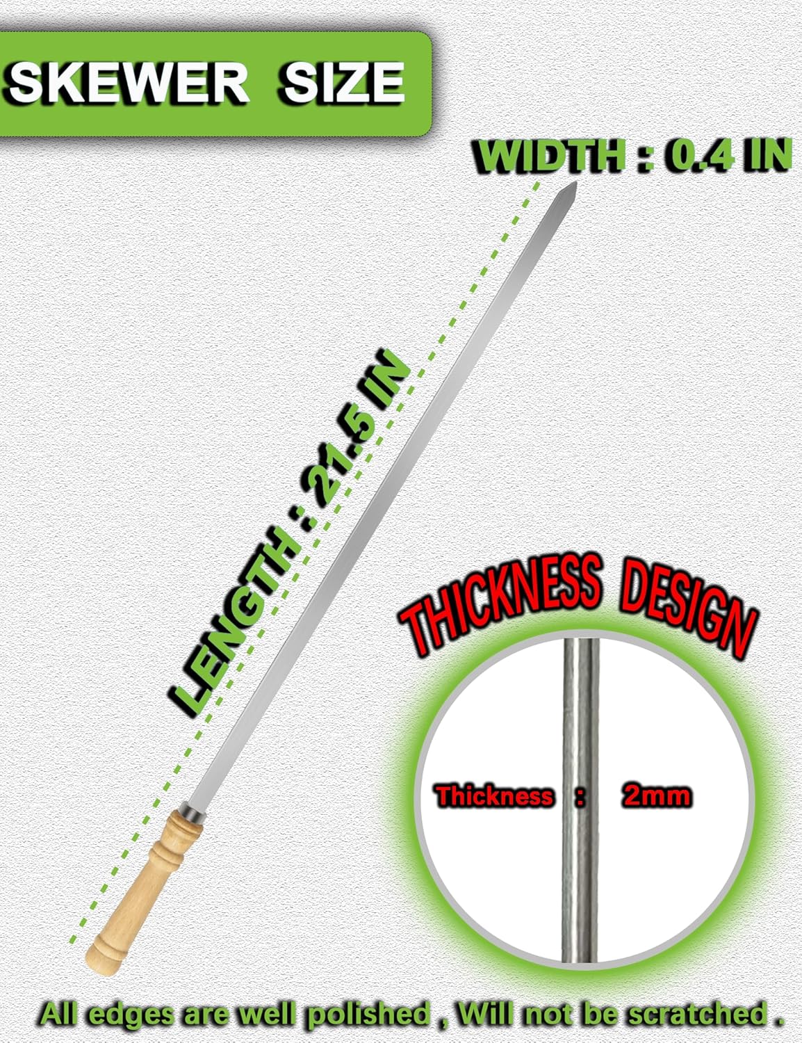 21.5" Long 304 Stainless Steel Skewers for Grilling with Wood Handle,Wide Flat Metal Skewers for Kabobs,Kabob Skewer,BBQ