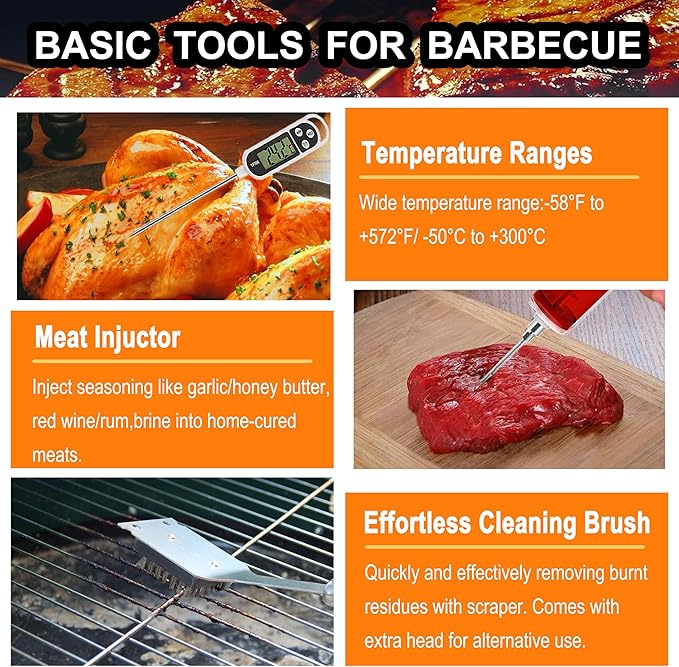 Grilljoy 24PCS BBQ Grill Tools Set with Meat Thermometer and Injector - Extra Thick Stainless Steel Fork, Spatula& Tongs -