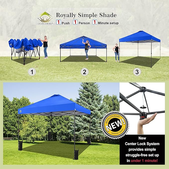 CROWN SHADES 10x10 Pop Up Canopy Tent - Patented Center Lock One Push Instant Outdoor Canopy Beach Tent with STO-N-Go Bag 8