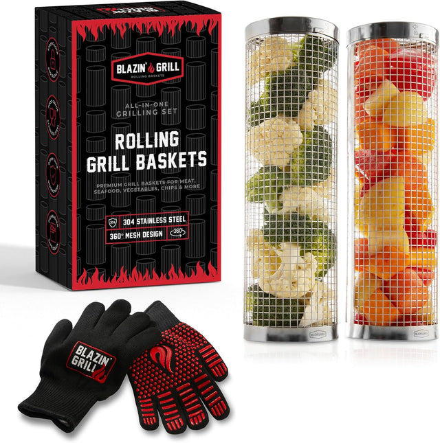 BLAZIN' GRILL Rolling Grill Basket | Rolling Grilling Baskets for Outdoor Grilling 2 Pcs | Barbecue Grill Set with BBQ
