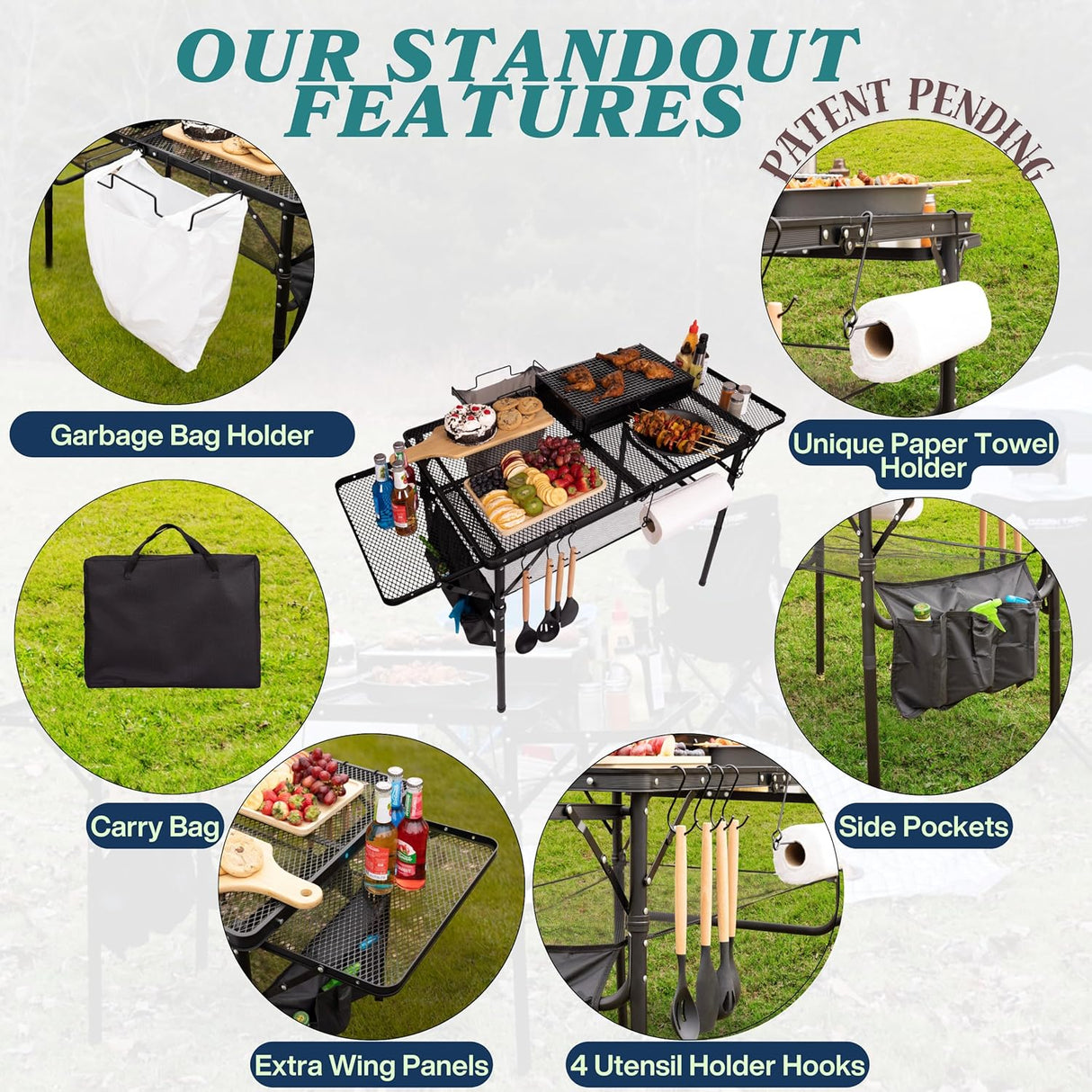 Folding Table w/ Carry Bag, Paper Towel Holder, Garbage Holder, Wing Panels, 3x2 FT Foldable Table for Portable Grill,