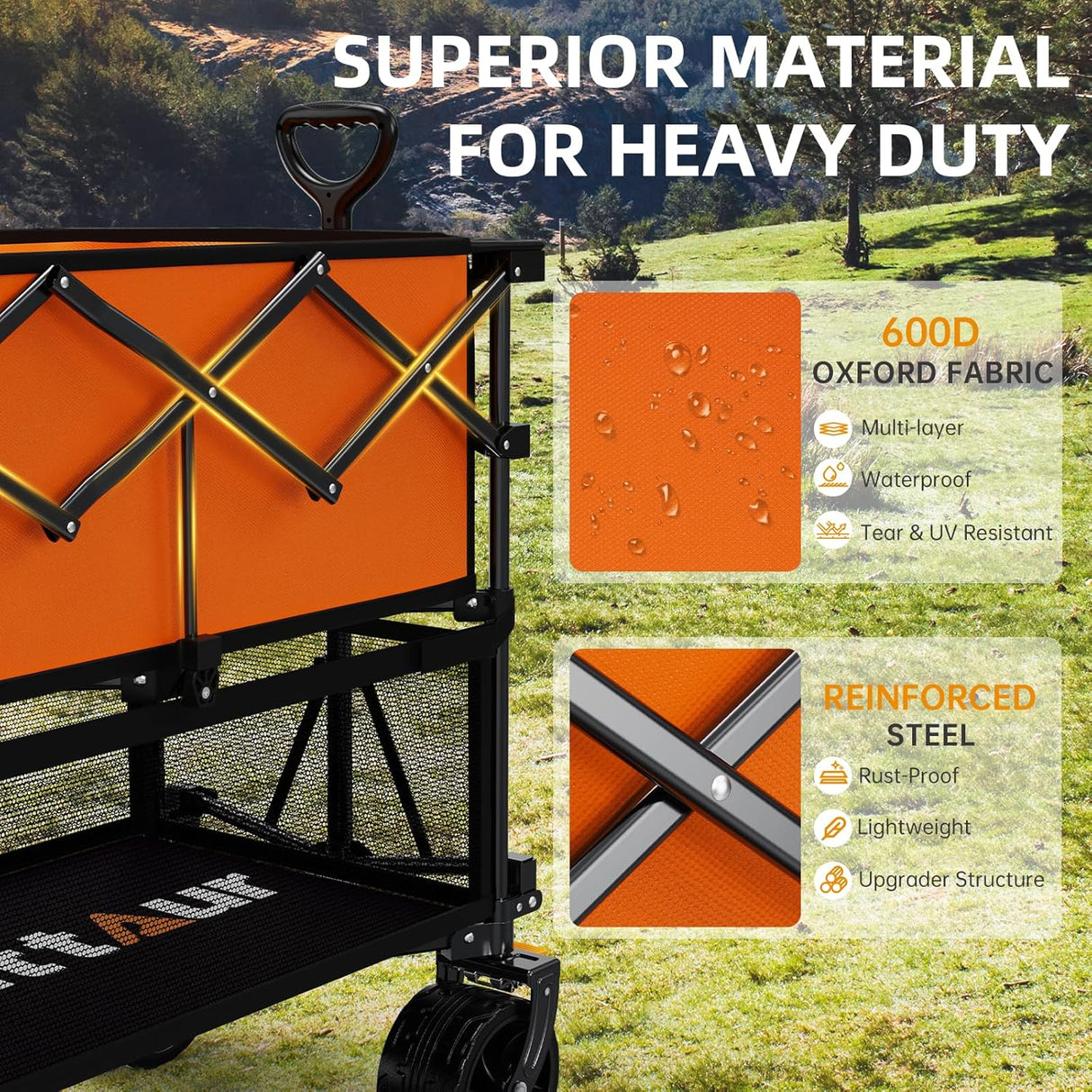 Foldable 50''L Extra Long Double Decker Wagon for Sport, 400L Collapsible Heavy Duty Wagon Cart with Big Wheels, Utility