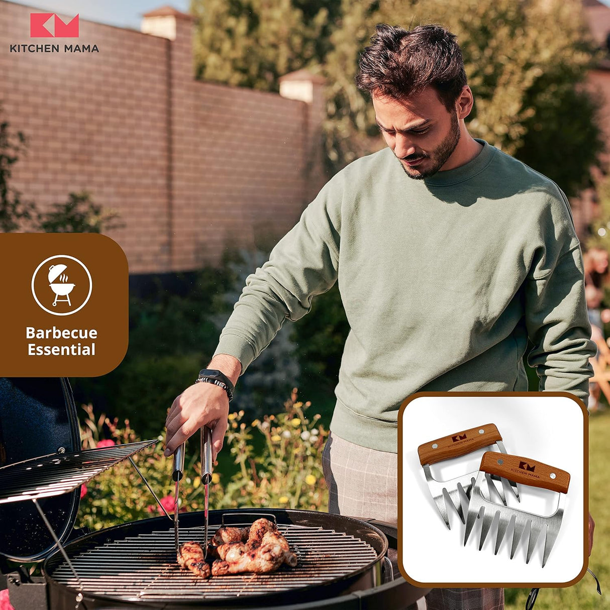 Kitchen Mama Meat Claws: Stainless Steel Shredder Claws with Wooden Handle for BBQ, Shredding, Pulling Pork, Chicken, Beef,