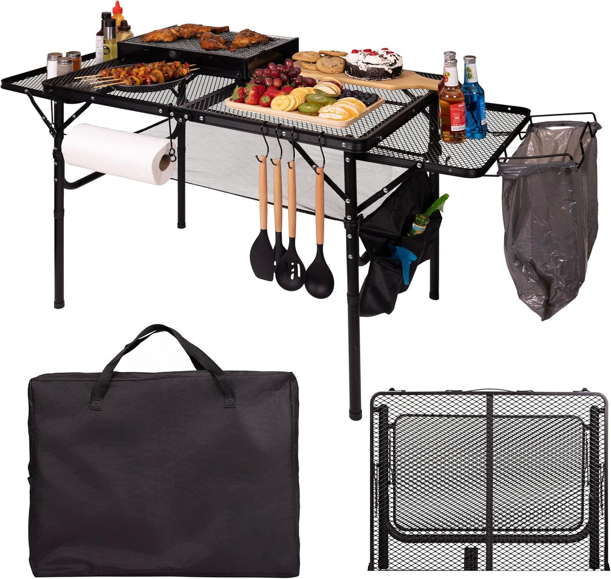 Folding Table w/ Carry Bag, Paper Towel Holder, Garbage Holder, Wing Panels, 3x2 FT Foldable Table for Portable Grill,