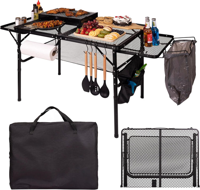 Folding Table w/ Carry Bag, Paper Towel Holder, Garbage Holder, Wing Panels, 3x2 FT Foldable Table for Portable Grill,