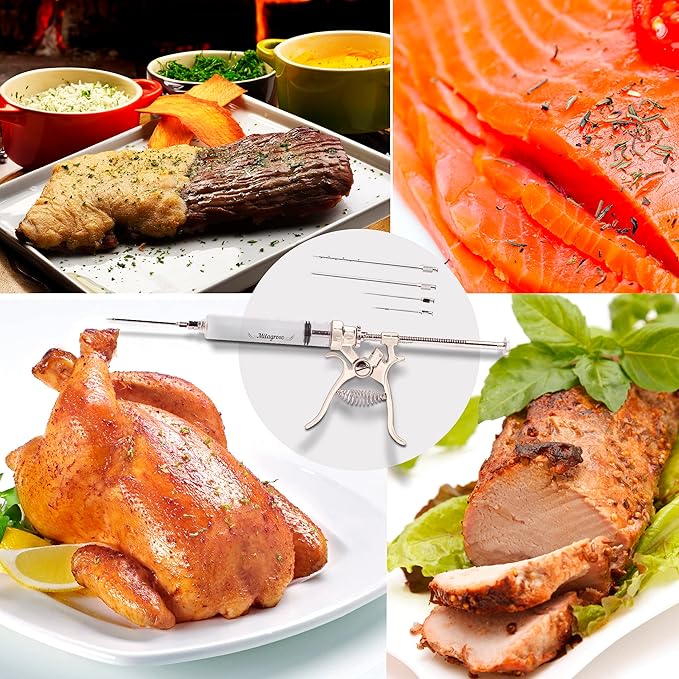 Meat Injector Syringe Stainless Steel Outdoor Meat Kit Marinade Flavor Food Injector Syringes with 4 Marinades Needles Grill