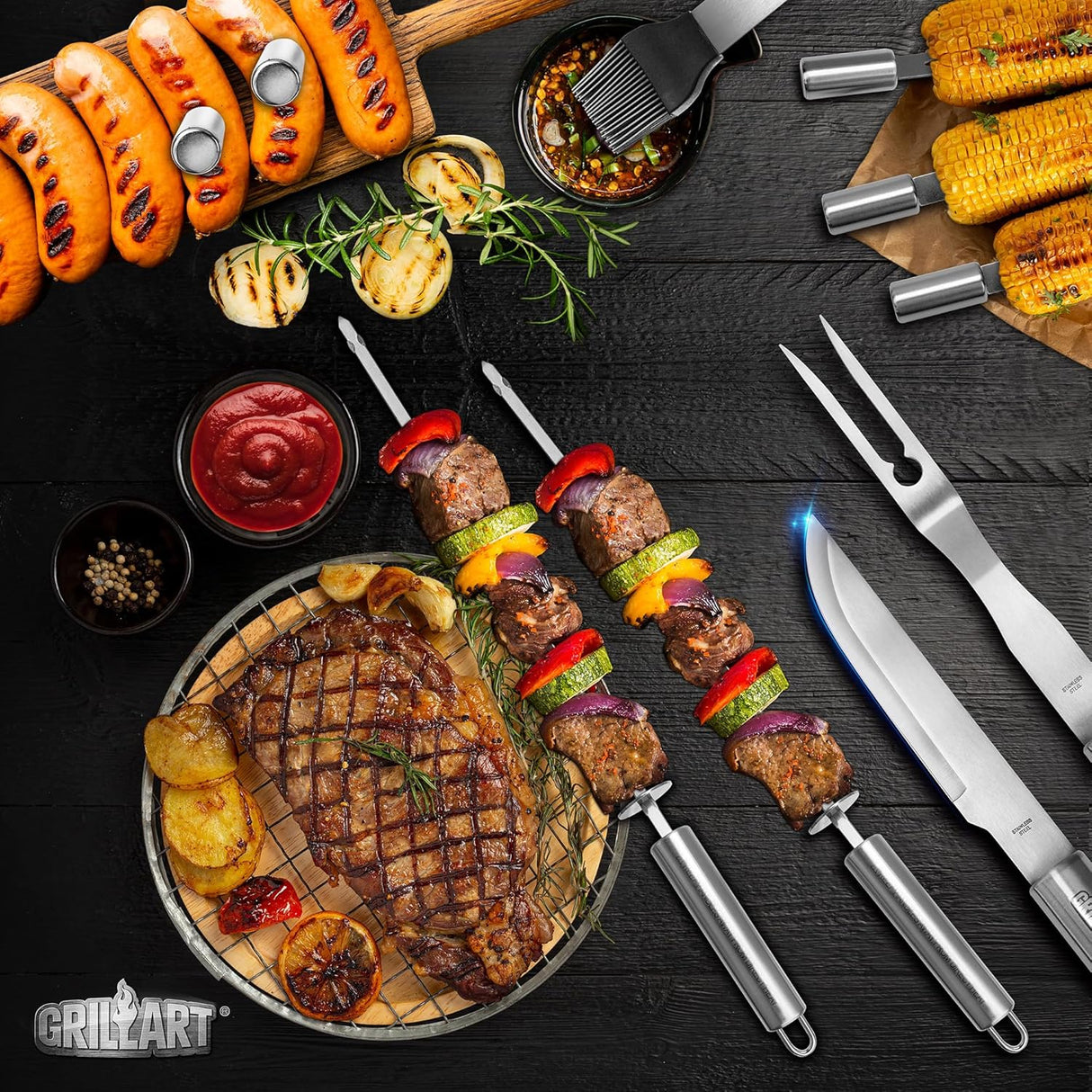 GRILLART BBQ Grill Utensil Tools Set Reinforced BBQ Tongs 19-Piece Stainless-Steel Barbecue Grilling Accessories w/Aluminum