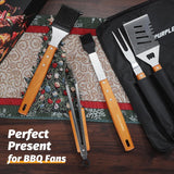 PURPLEBIRD Grill Utensils Set with Brush - 5pcs Grilling Tools Set with Bag Apron, Heavy Duty BBQ Tool Sets with Long Wood