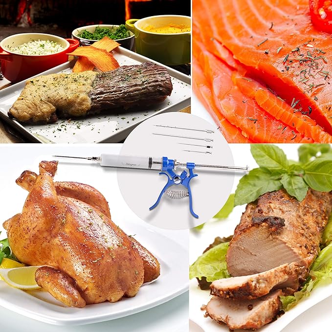 Meat Injector Marinade Gun Stainless Steel Outdoor Kit Flavor Food Syringes & 4 Marinades Needles for BBQ Grill Smoker