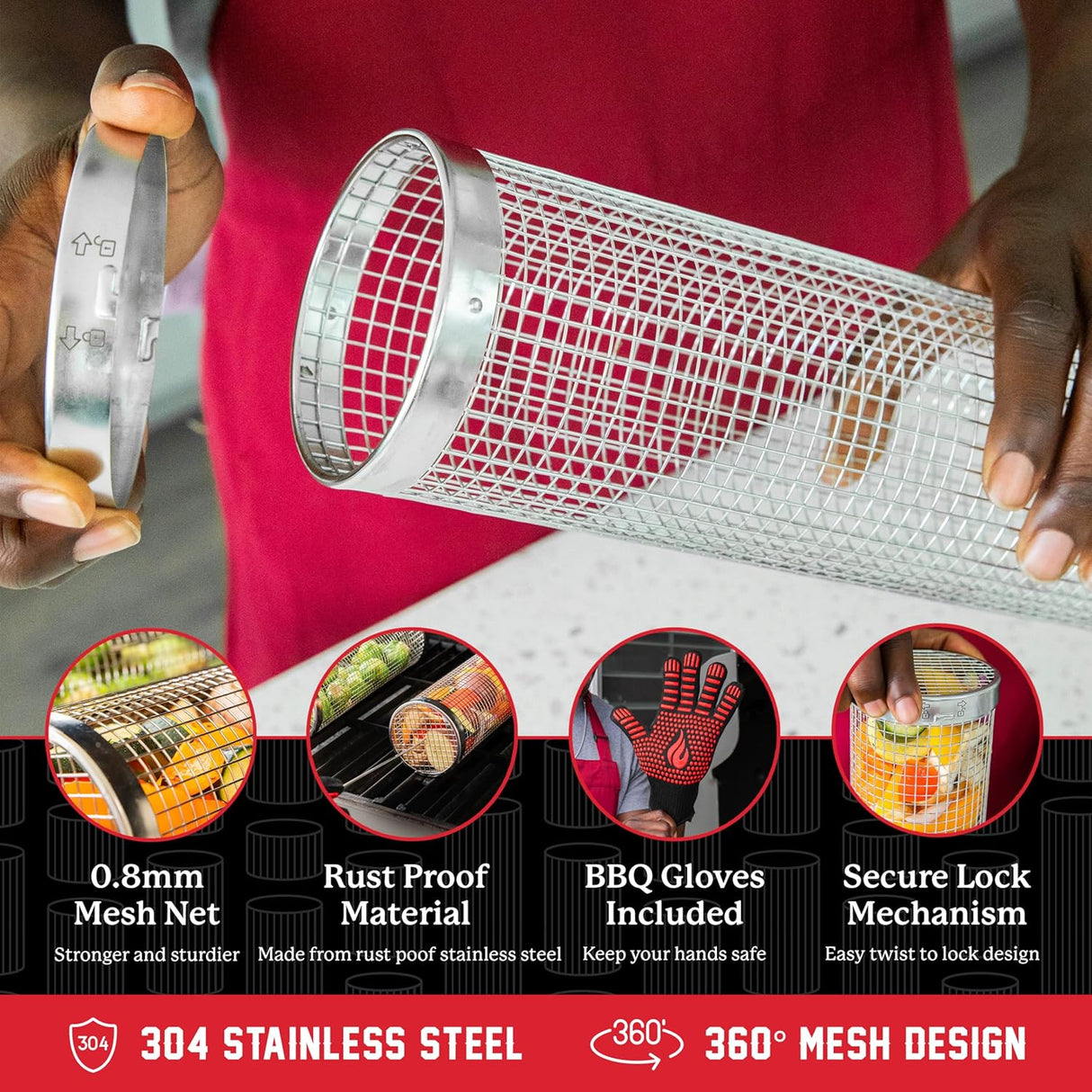 BLAZIN' GRILL Rolling Grill Basket | Rolling Grilling Baskets for Outdoor Grilling 2 Pcs | Barbecue Grill Set with BBQ
