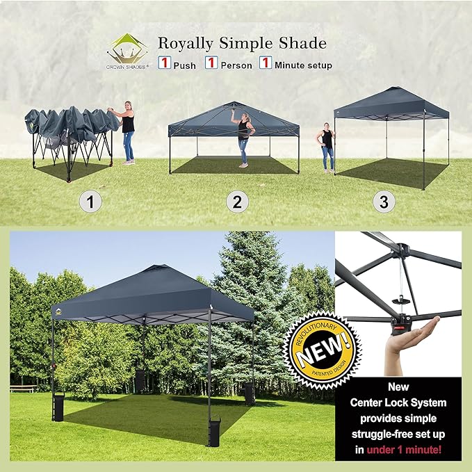 CROWN SHADES 10x10 Pop Up Canopy Tent - Patented Center Lock One Push Instant Outdoor Canopy Beach Tent with STO-N-Go Bag 8