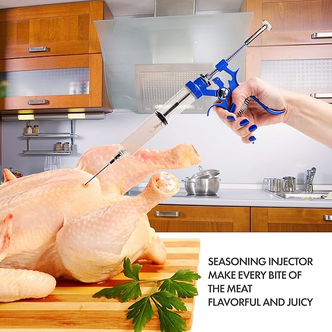 Meat Injector Marinade Gun Stainless Steel Outdoor Kit Flavor Food Syringes & 4 Marinades Needles for BBQ Grill Smoker