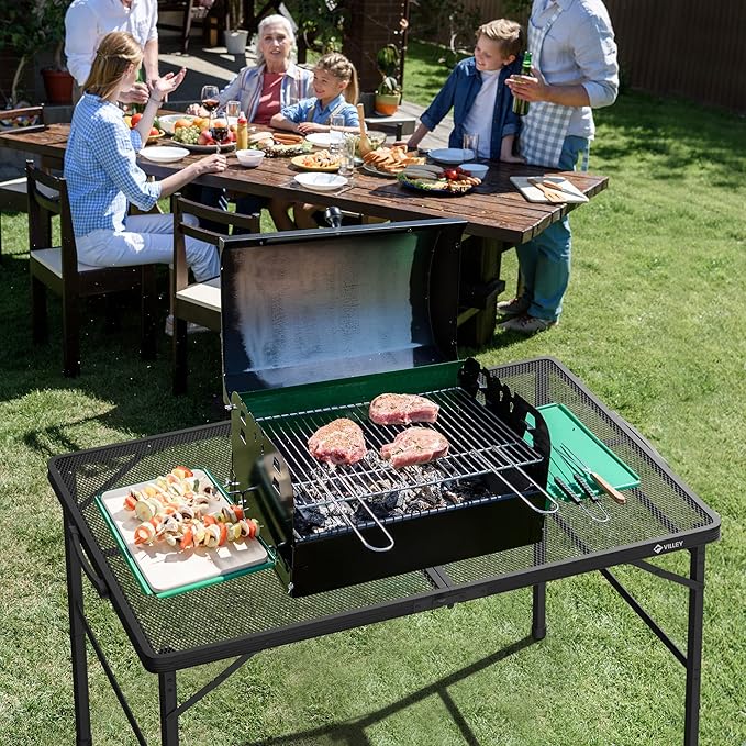 VILLEY Grill Table, 3ft Folding Camping Table with Aluminum Adjustable Legs, Portable Lightweight Camp Table for Beach