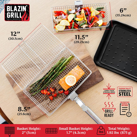 BLAZIN' GRILL Baskets for Outdoor Grill | 2 Grilling Baskets with Detachable Handle | Barbecue Grill Set with BBQ Gloves |