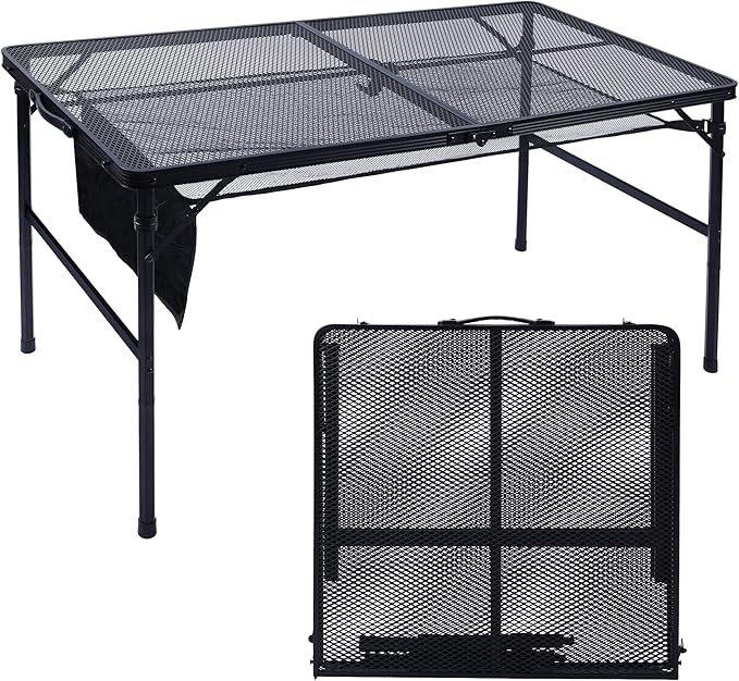 Folding Grill Table, 4x2 FT Portable Camping Table, Lightweight Height Adjustable Metal Tables with Mesh Desktop and Mesh