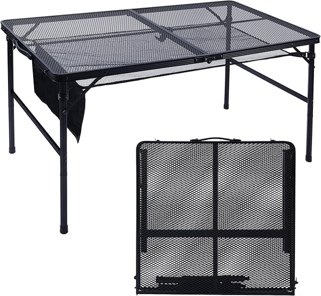 Folding Grill Table, 4x2 FT Portable Camping Table, Lightweight Height Adjustable Metal Tables with Mesh Desktop and Mesh