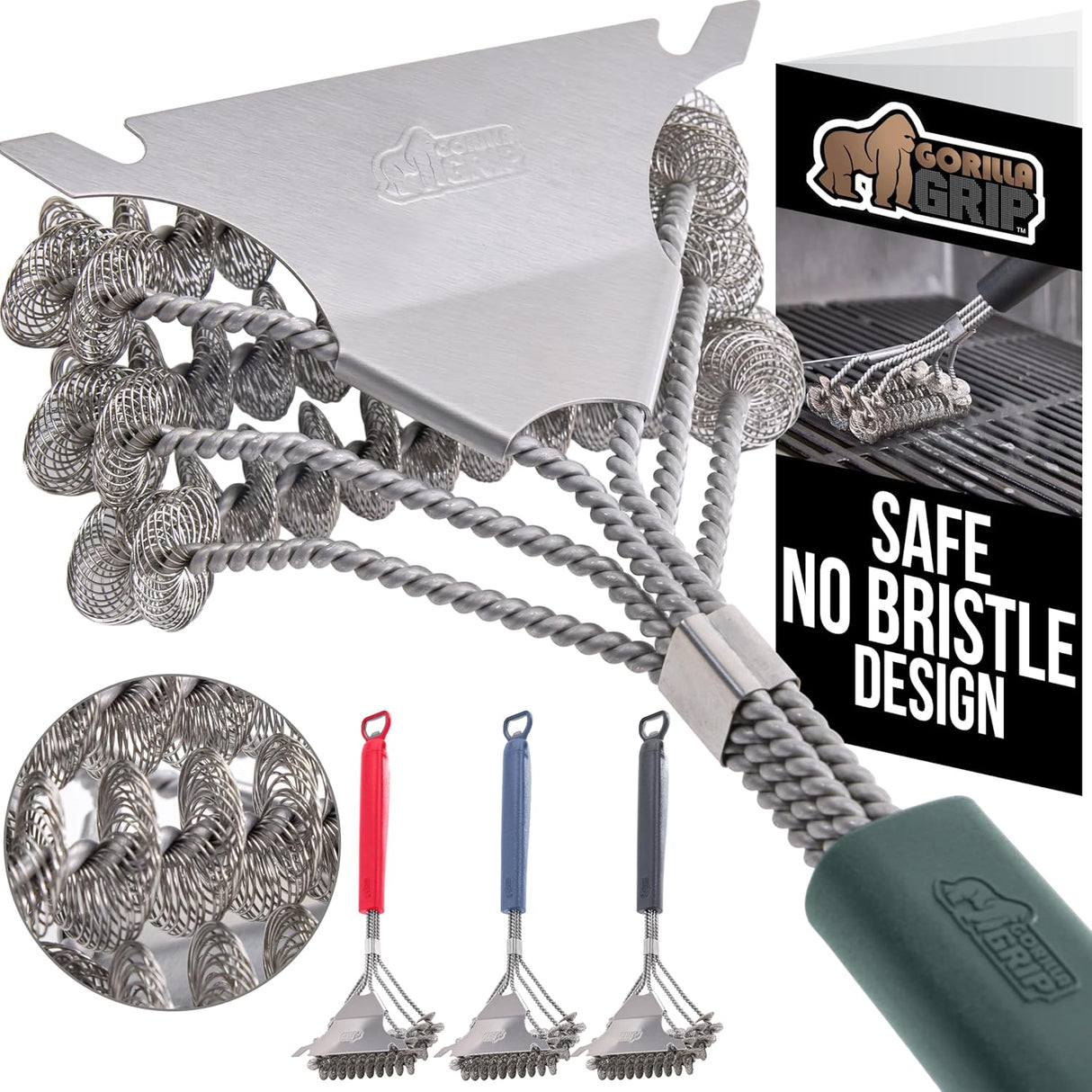 GORILLA GRIP Heavy Duty No Bristle Triple Helix Grill Brush with Scraper for Outdoor Grills, Safe Steam Cleaning, Oversized
