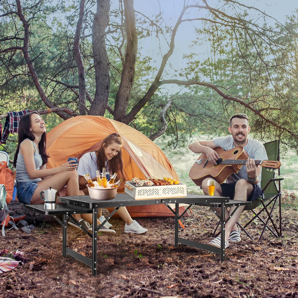 Grill Table 3FT+1.4 FT Folding Table with 2 Wing Panels with Mesh Desktop 2 Height Adjustable Portable Grill for Outdoor