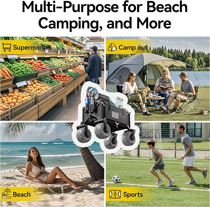 DXZ Beach Wagon Cart with Big Wheels for Sand - Folding Collapsible Wagon, Heavy Duty Wagons Carts Foldable for Beach,