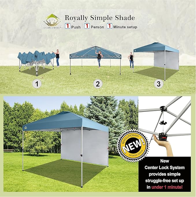 CROWN SHADES 10x10 Pop Up Canopy with 1 Side Wall - Beach Tent with One Push Setup - Outdoor Sun Shade for Events, Parties,