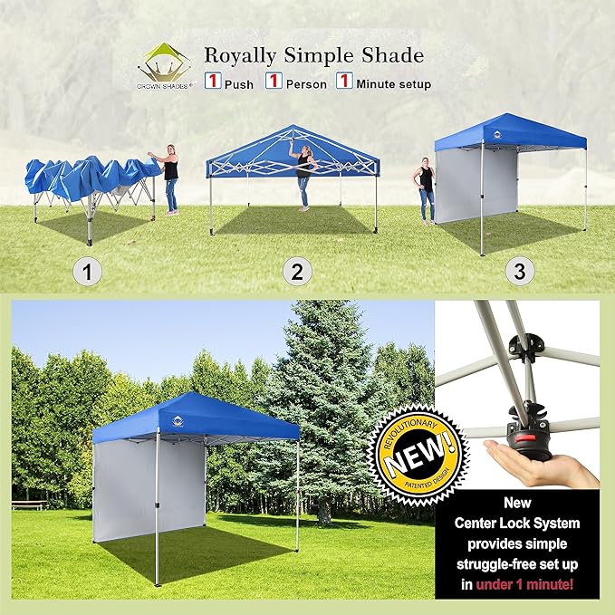 CROWN SHADES 8x8 Pop Up Canopy with 1 Side Wall - Beach Tent with One Push Setup - Outdoor Sun Shade for Events, Parties,
