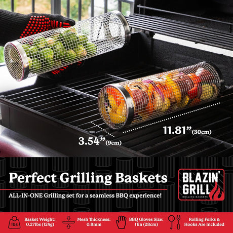 BLAZIN' GRILL Rolling Grill Basket | Rolling Grilling Baskets for Outdoor Grilling 2 Pcs | Barbecue Grill Set with BBQ