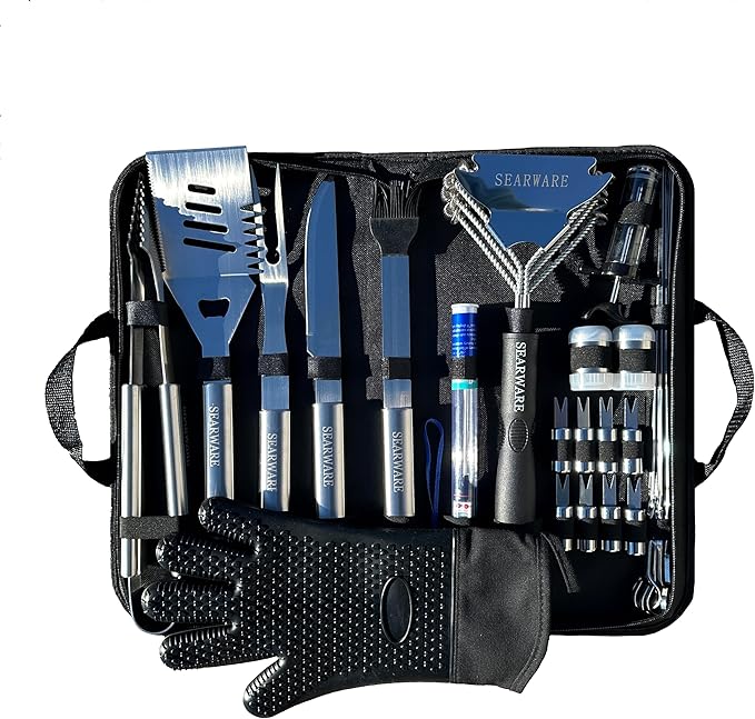 Barbecue Grill Tool Set - Stainless Steel - Strong Durable Design - Heat Resistant Glove & Bristle Free Grill Brush -
