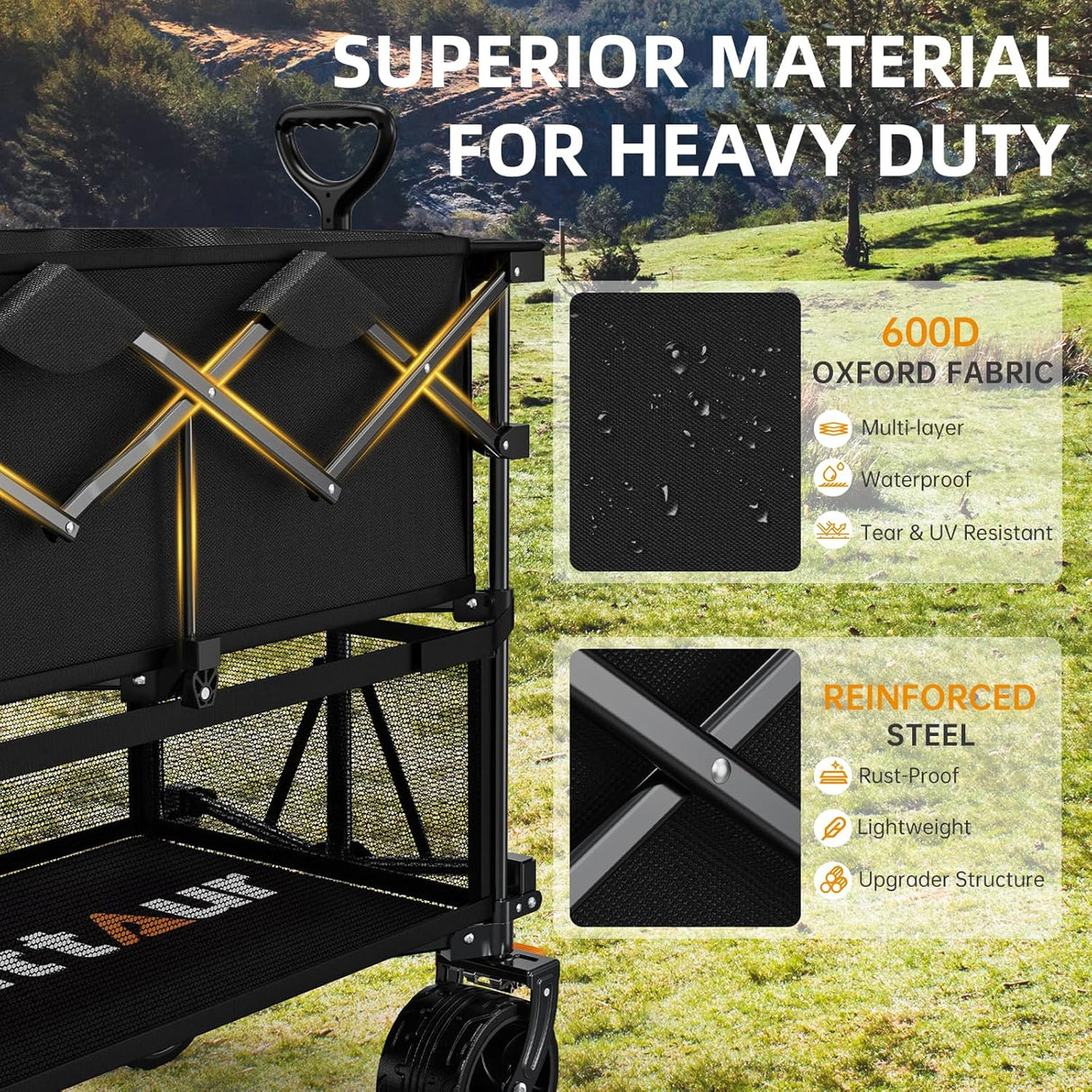 Foldable 50''L Extra Long Double Decker Wagon for Sport, 400L Collapsible Heavy Duty Wagon Cart with Big Wheels, Utility