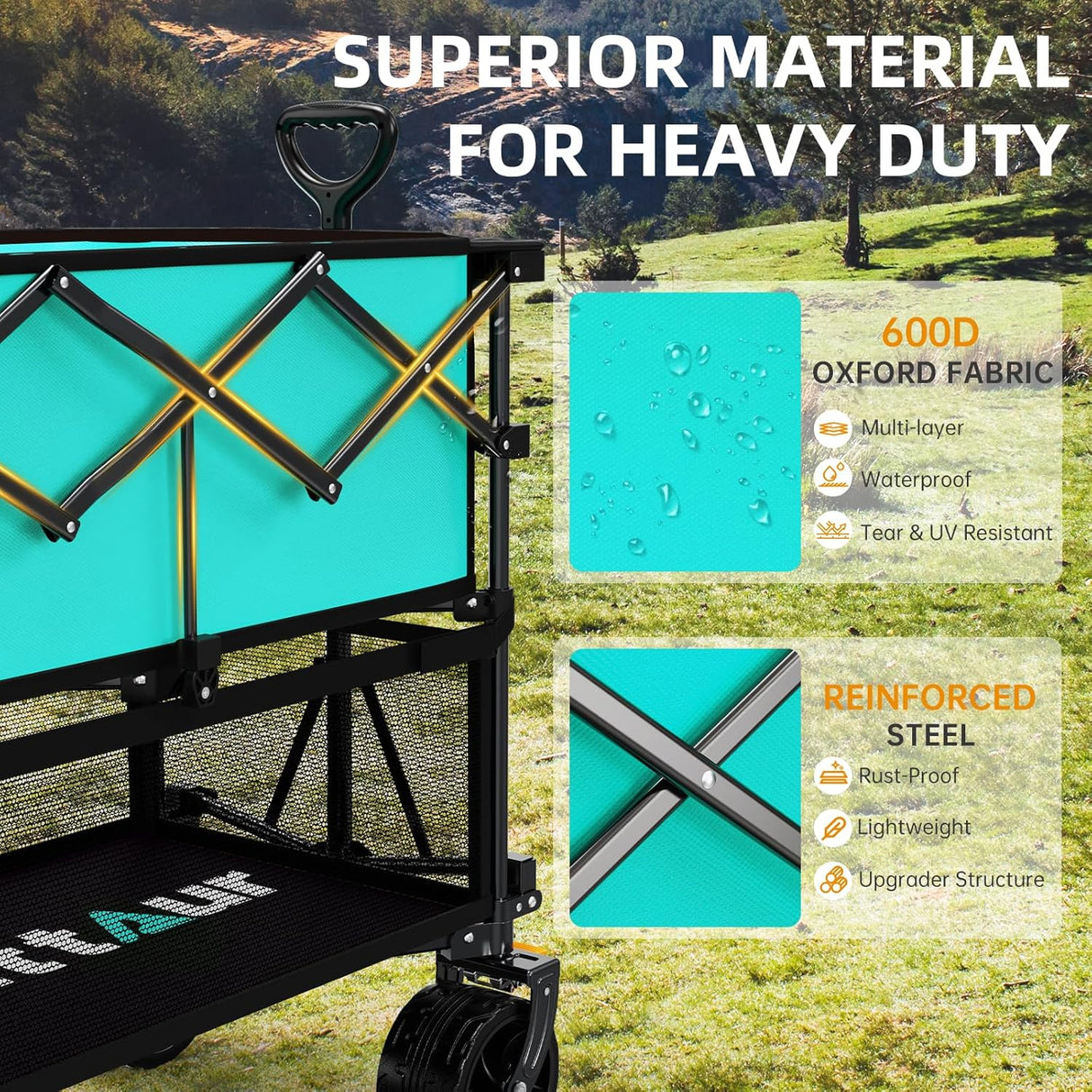 Foldable 50''L Extra Long Double Decker Wagon for Sport, 400L Collapsible Heavy Duty Wagon Cart with Big Wheels, Utility