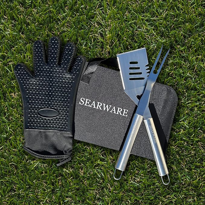 Barbecue Grill Tool Set - Stainless Steel - Strong Durable Design - Heat Resistant Glove & Bristle Free Grill Brush -