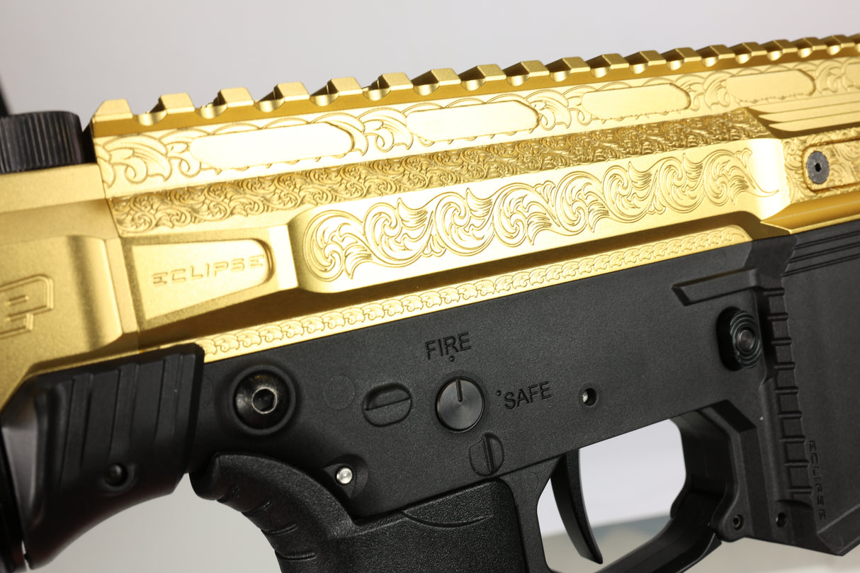 EMF200 LX gold anodized laser engraved receiver detail