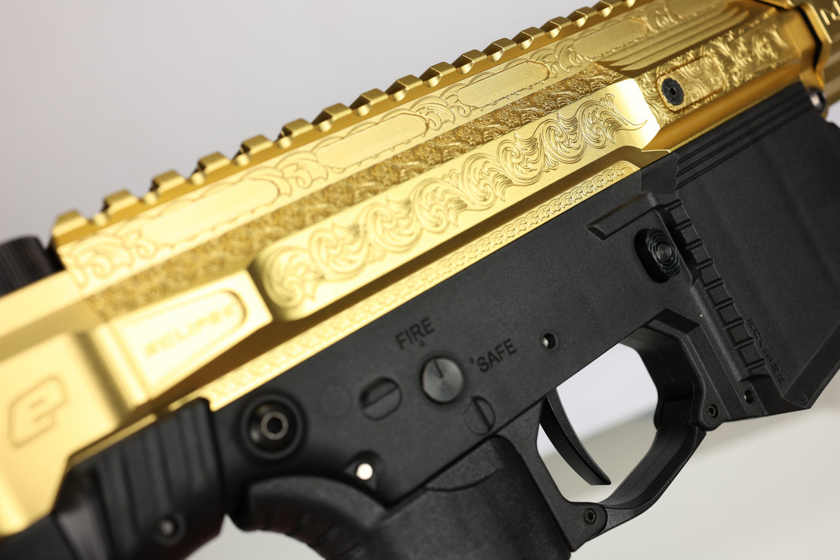 EMF200 LX gold anodized laser engraved receiver detail