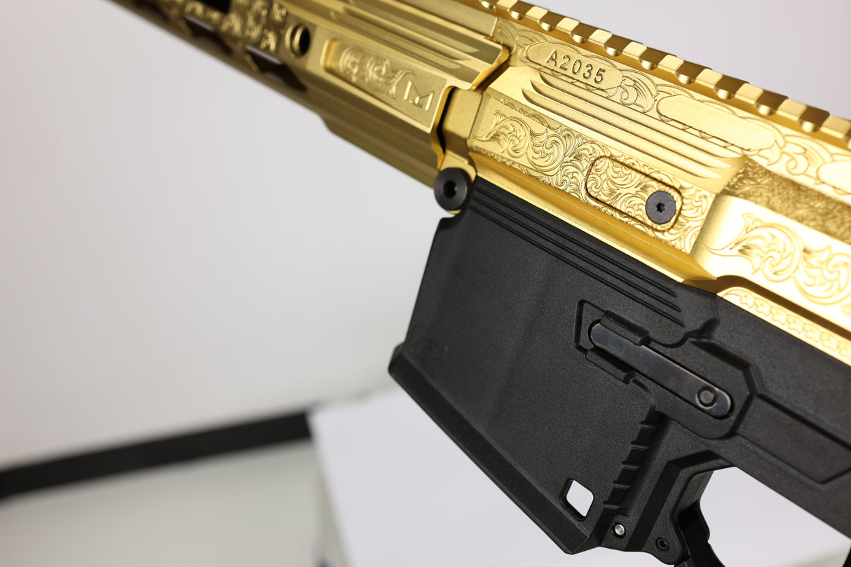 EMF200 LX gold anodized laser engraved receiver detail