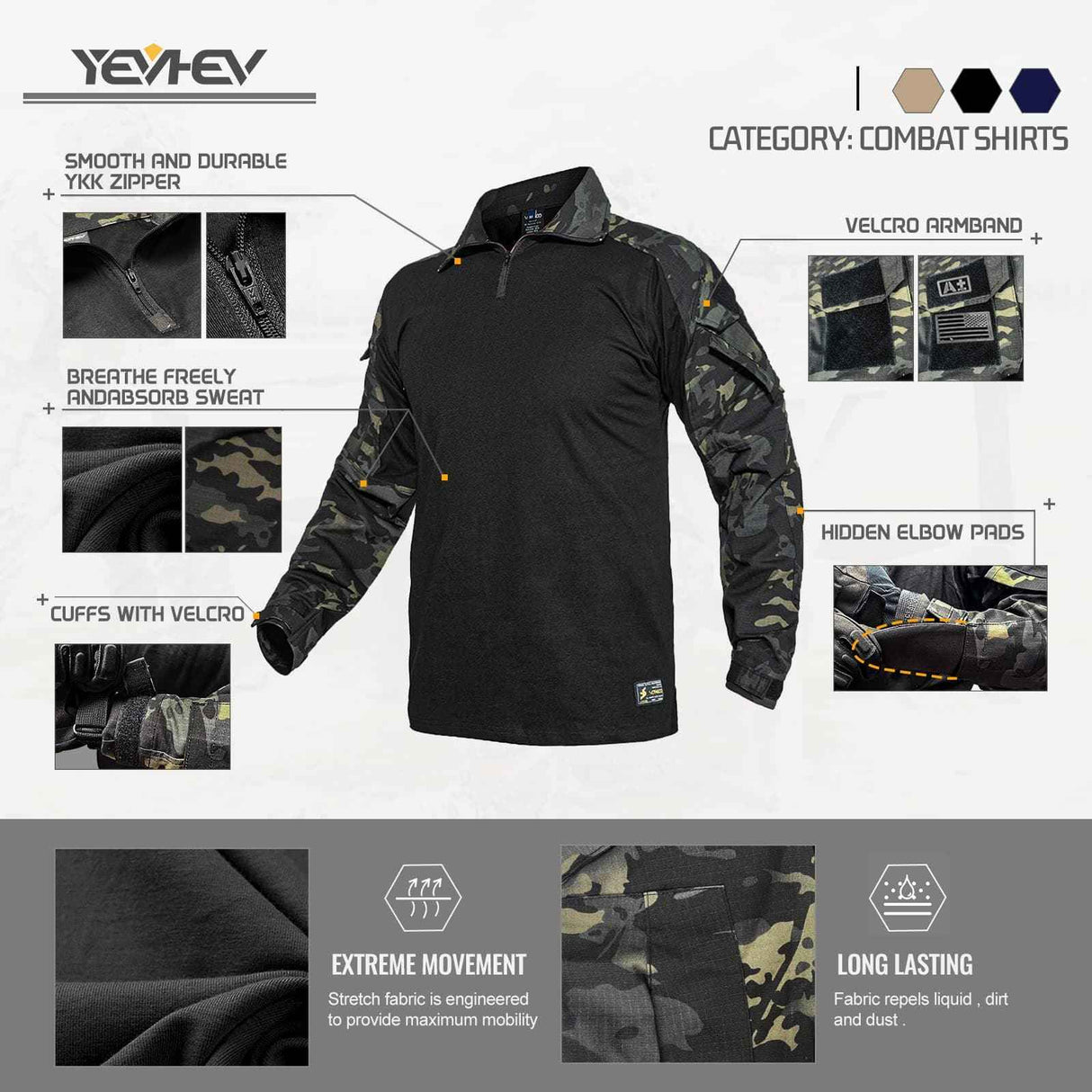 Army Tactical Desert Combat Shirt with Elbow Pad Inserts in Dark Camo, alternate view 3