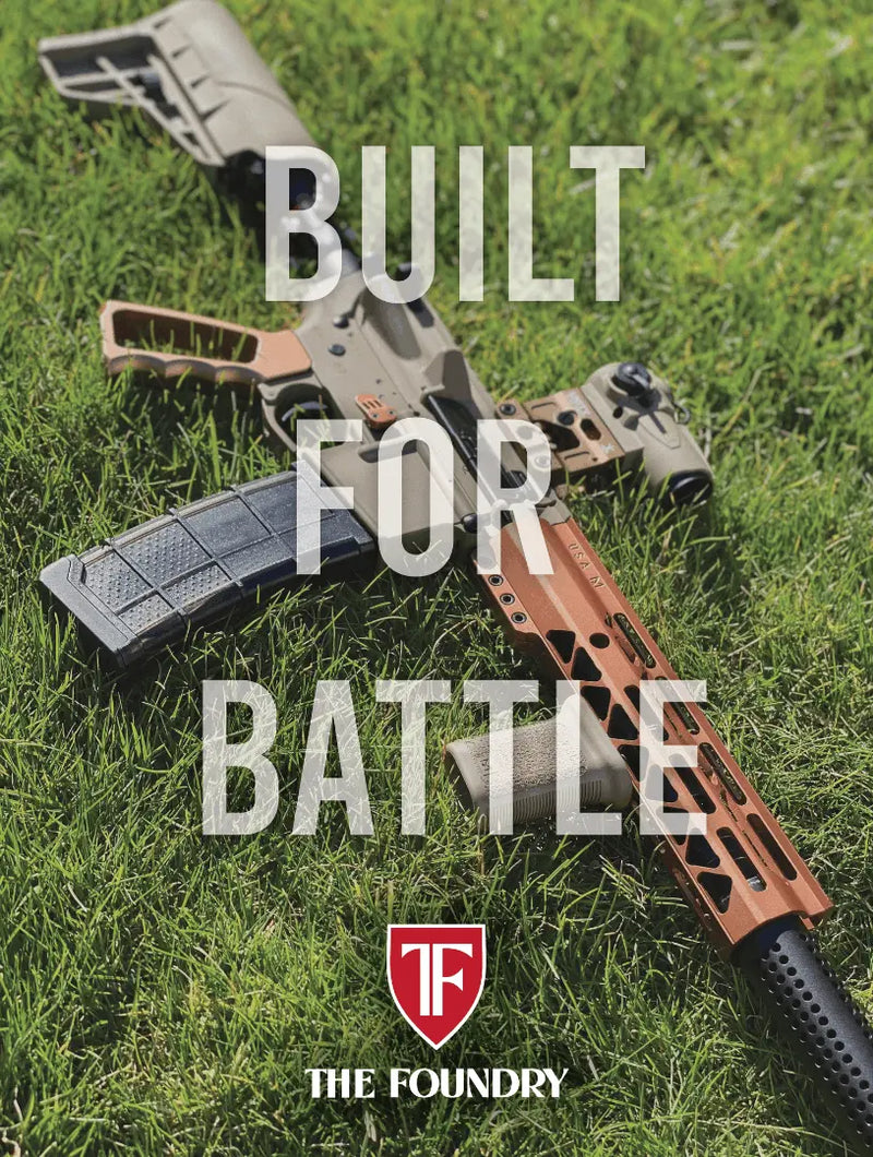 Custom Paintball Gun on grass with 'Built for Battle' text and The Foundry logo.